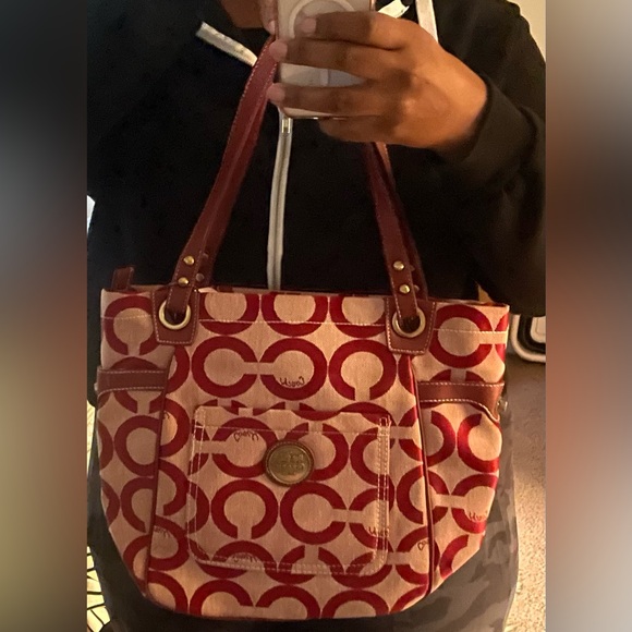 Coach Signature Canvas Tote Shoulder Bag – Burgundy/Red – Leather Trim - NWT - Picture 2 of 10